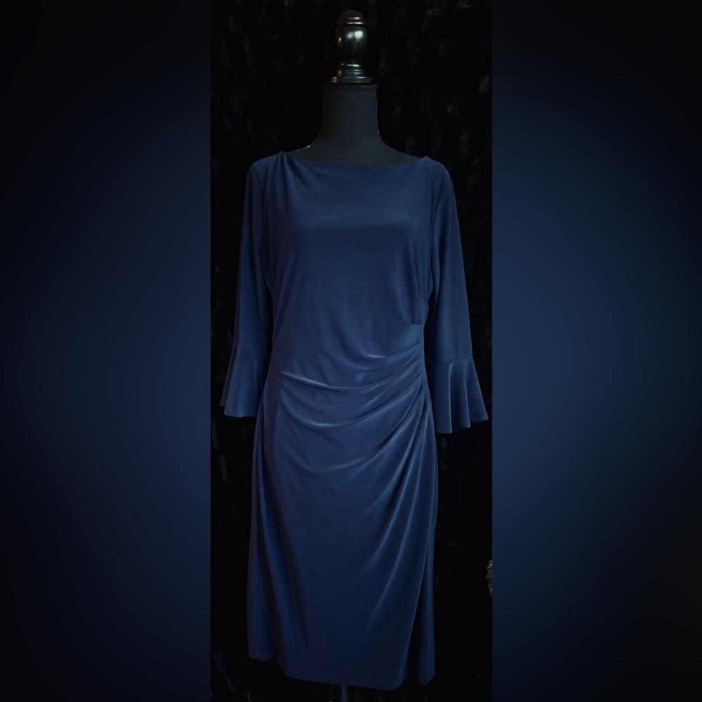 Chaps Navy Blue Ruched Sheath Dress with cuff Bell Sleeves sz L